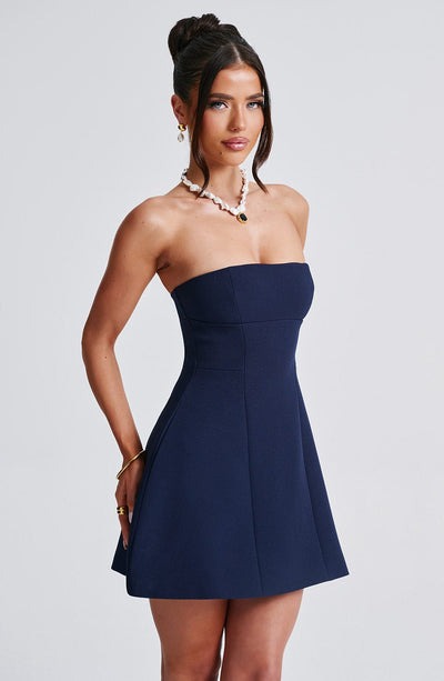 Navy strapless bubble mini dress with seamed bodice