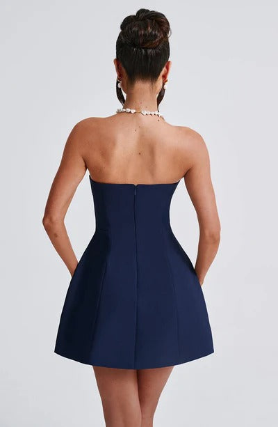 Navy strapless backless bubble mini dress with center seam