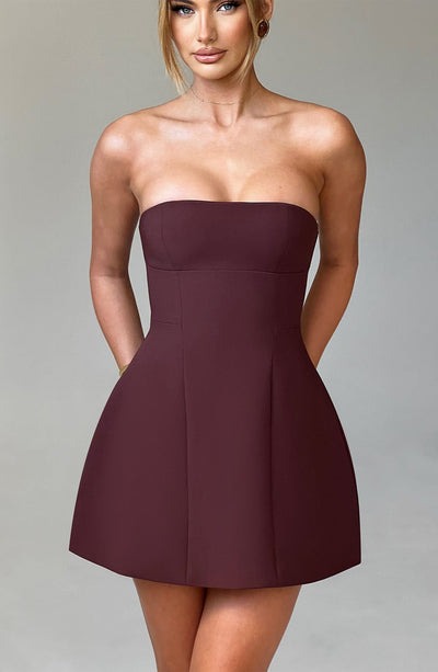 Wine red strapless bubble mini dress with seamed bodice