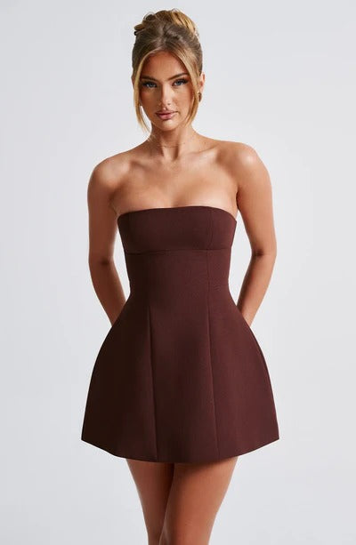Wine red strapless bubble mini dress with flared skirt