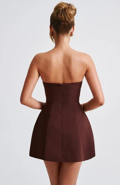 Wine red strapless bubble mini dress with open back and center seam