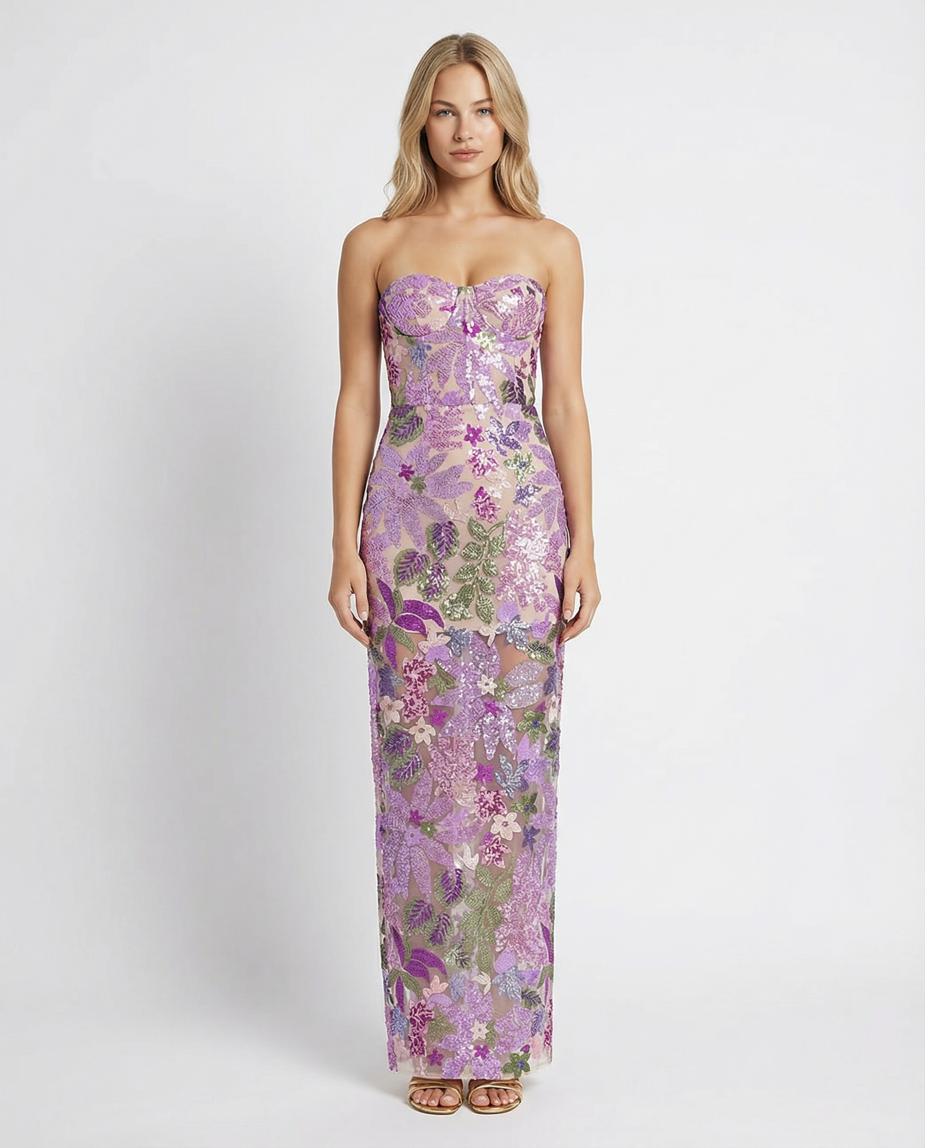 Purple strapless floral sequin maxi dress with sweetheart neckline.