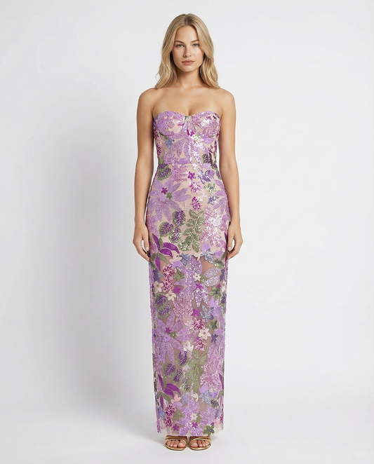 Purple strapless floral sequin maxi dress with sweetheart neckline.