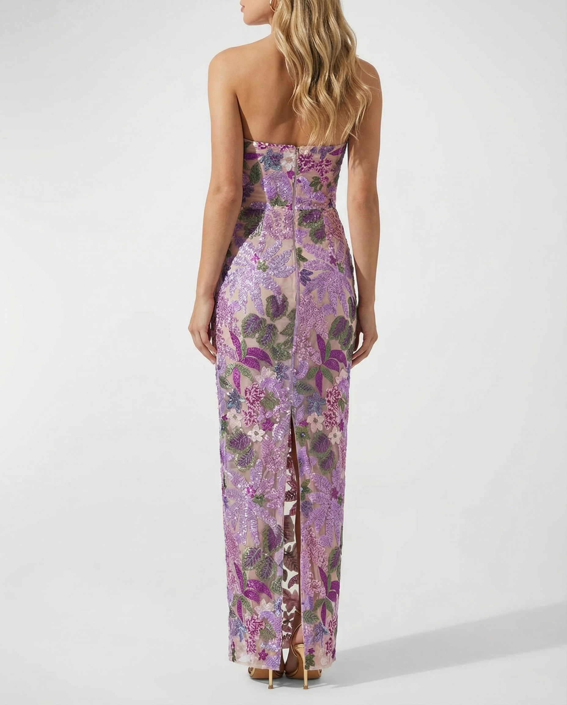 Purple strapless floral sequin maxi dress, back view with vertical seam.