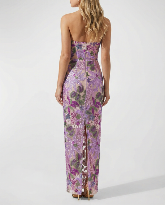Purple strapless floral sequin maxi dress, back view with vertical seam.
