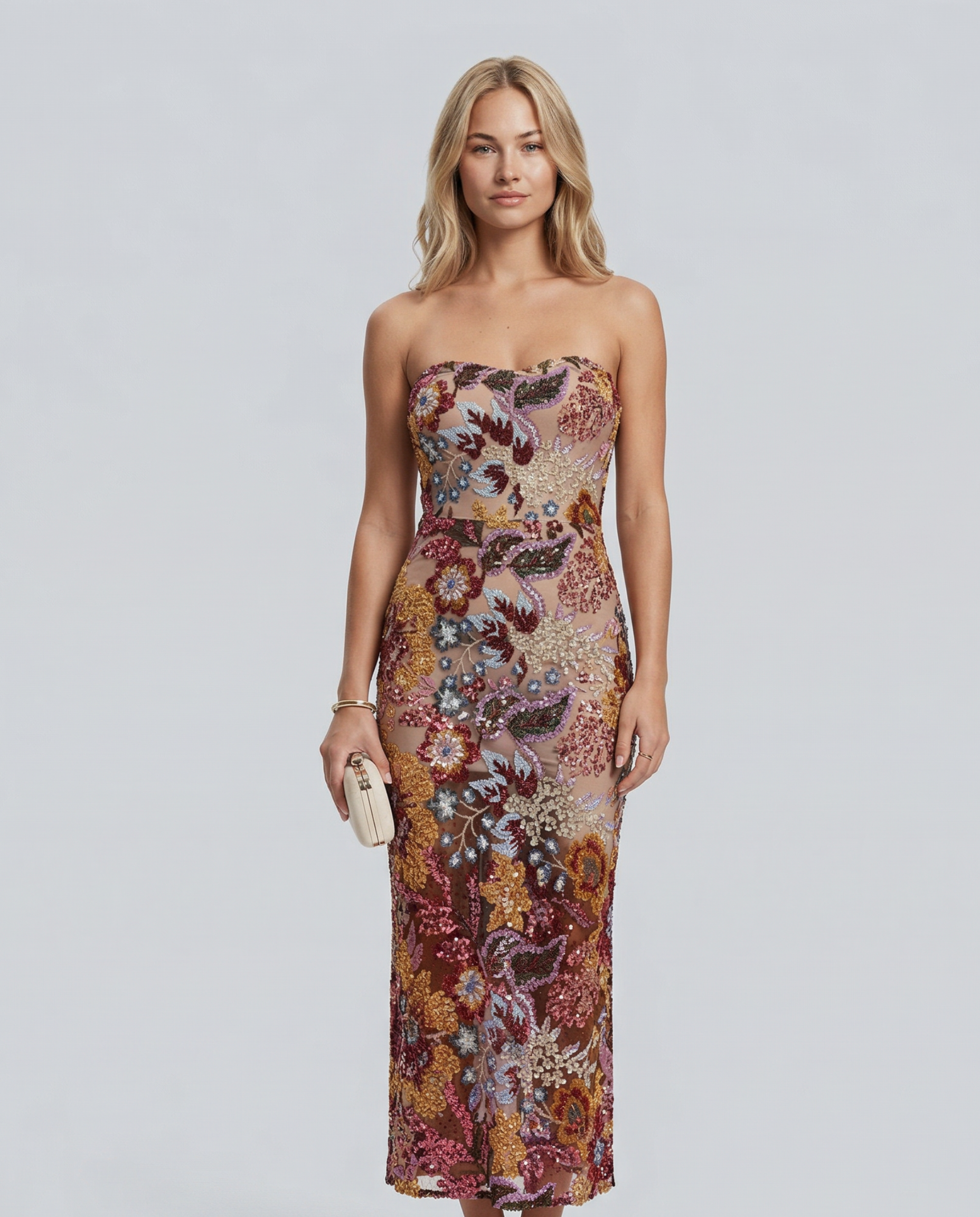 Embellished floral sequin strapless maxi dress with sweetheart neckline.