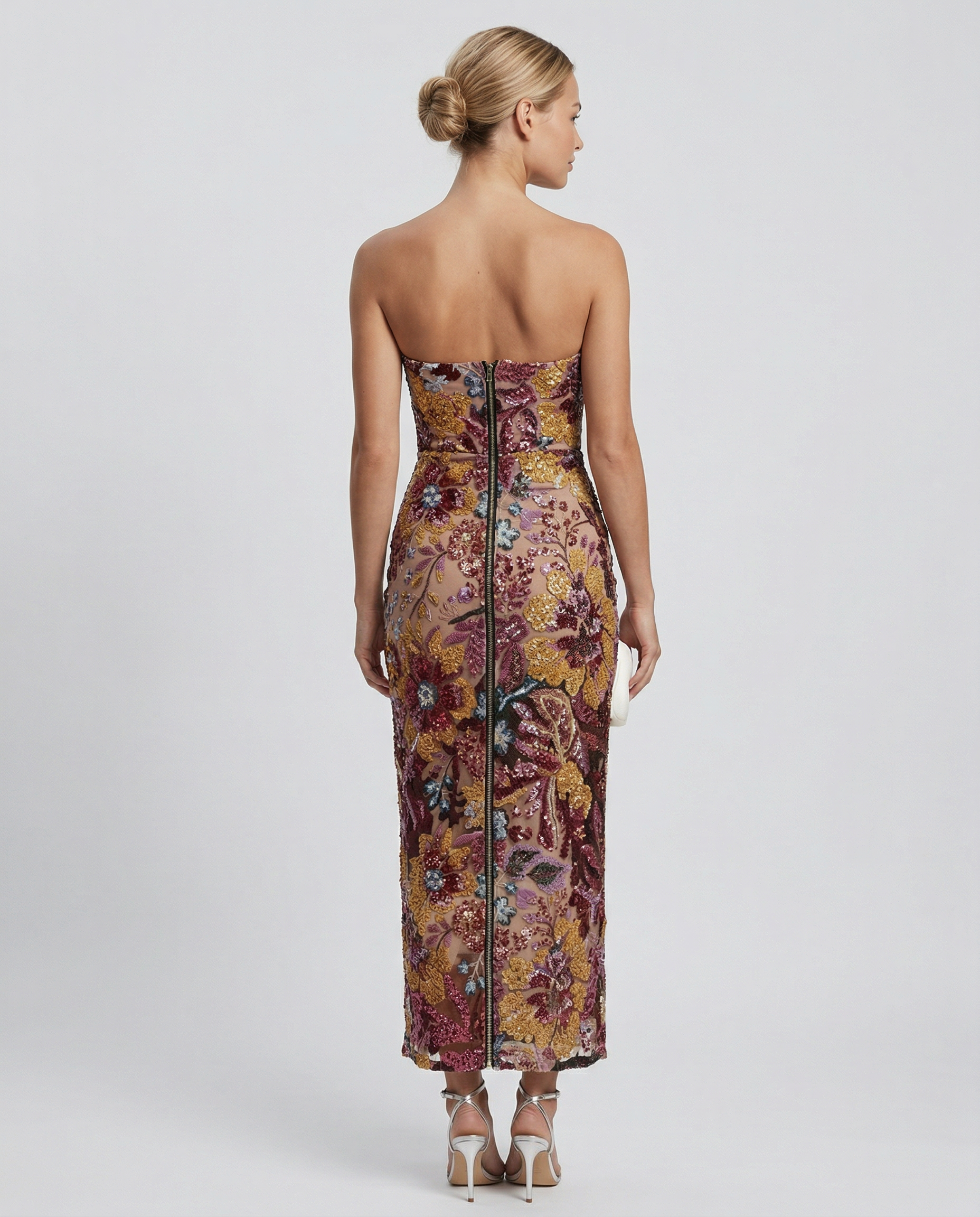 Embellished floral sequin strapless maxi dress, back view with center seam.