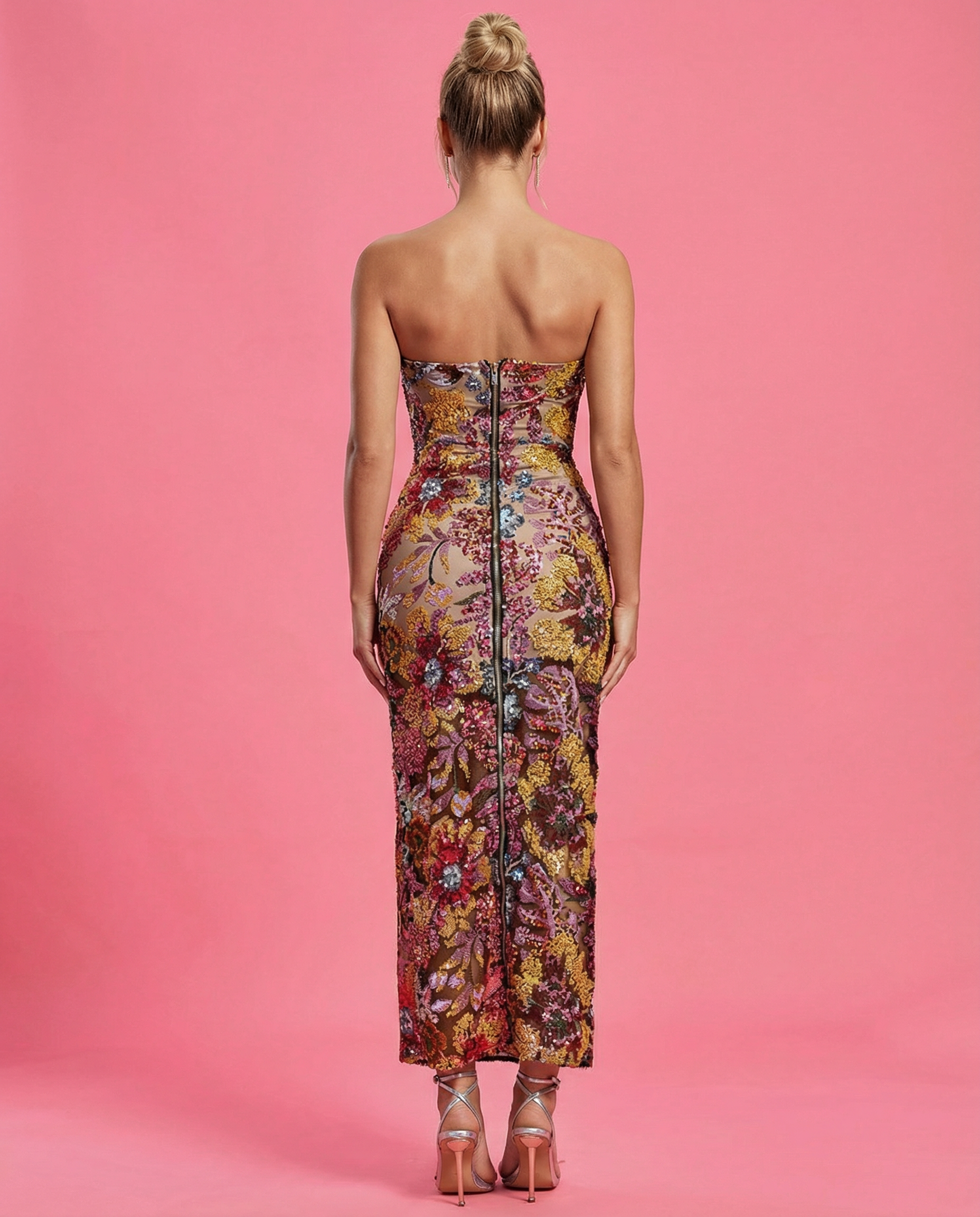 Burgundy strapless floral sequin maxi dress, back view with center zipper.