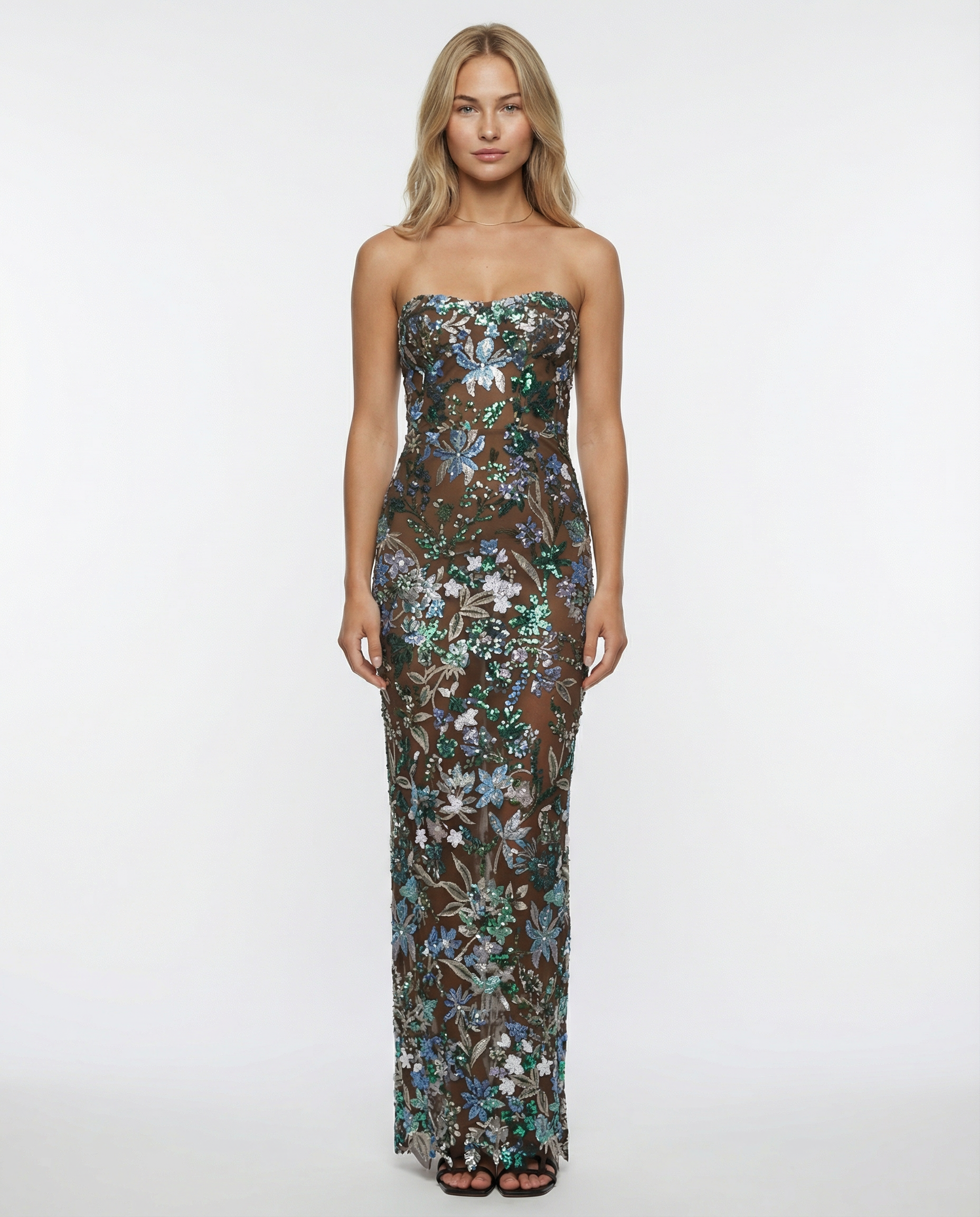 Green strapless floral sequin maxi dress with sweetheart neckline.