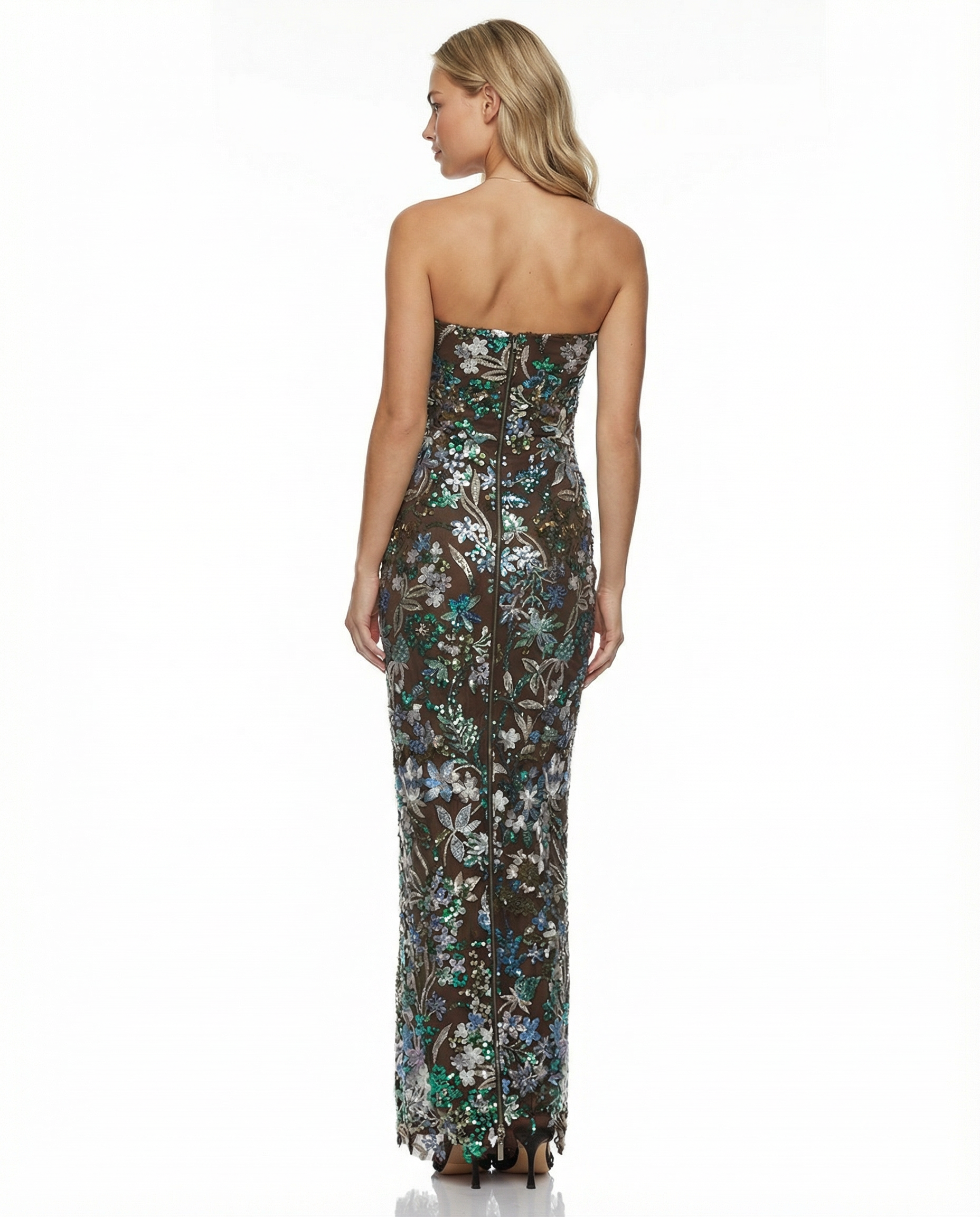 Green strapless floral sequin maxi dress, back view with center zipper.
