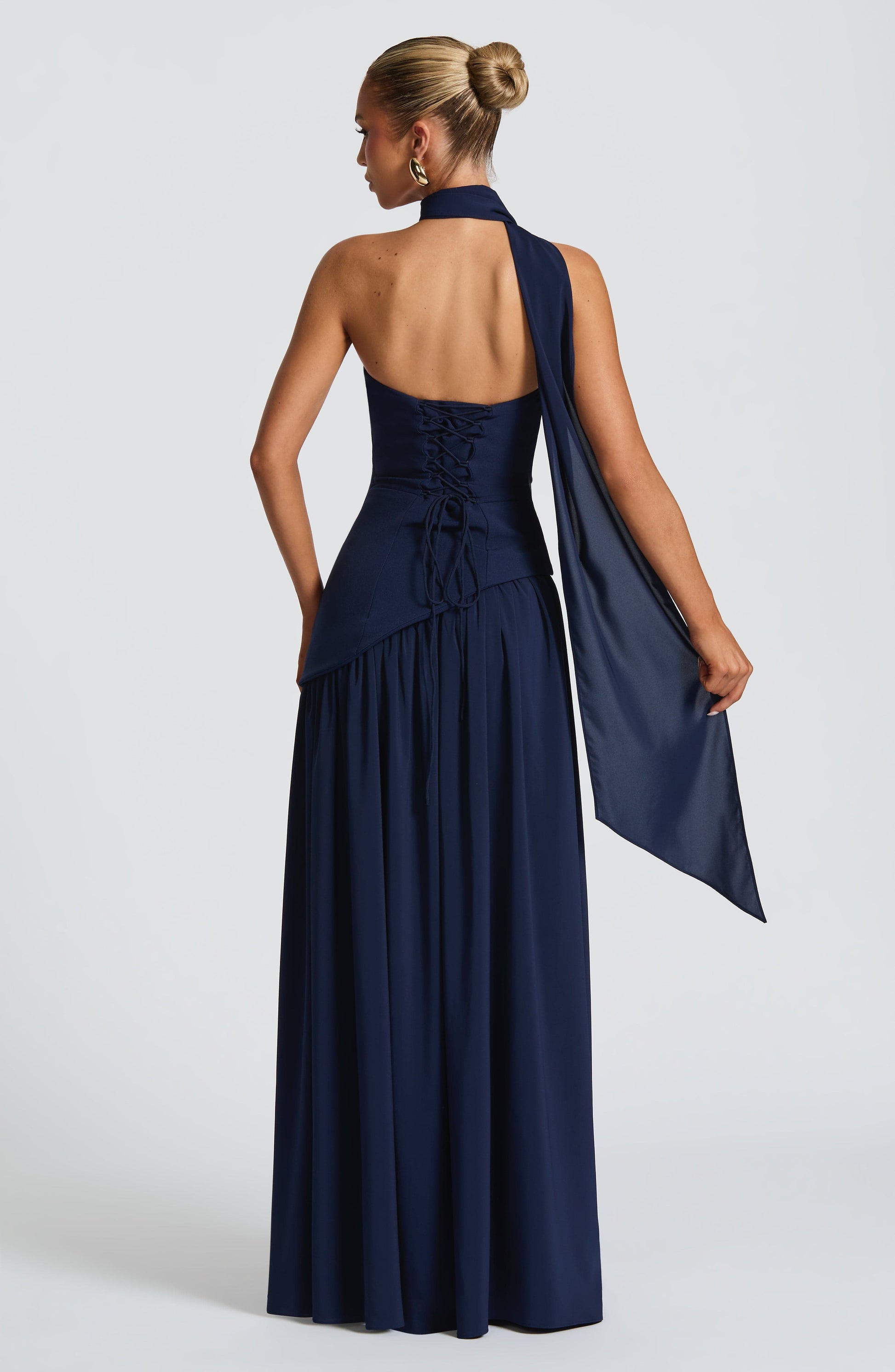Dark blue strapless maxi dress with back tie strap and side slit