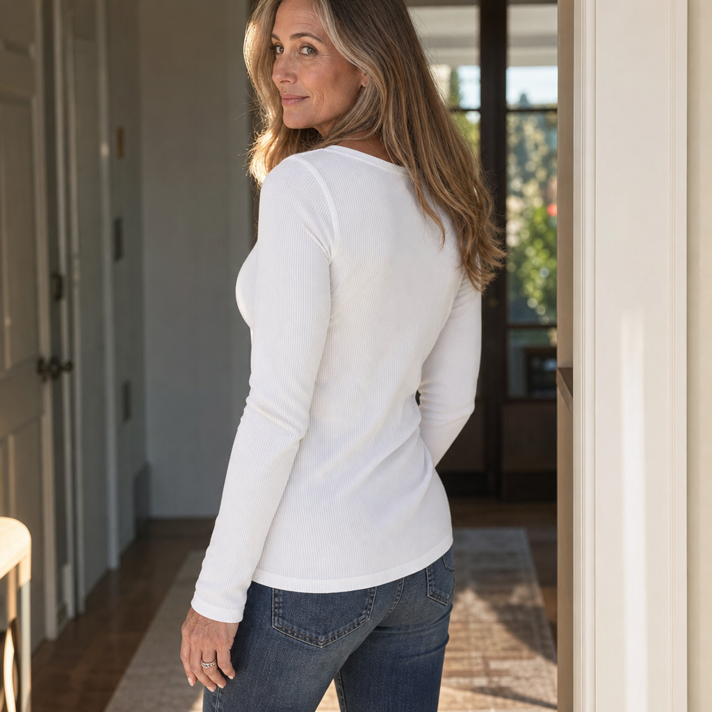 Women's white stretch V-neck long-sleeve top, back view with ribbed knit