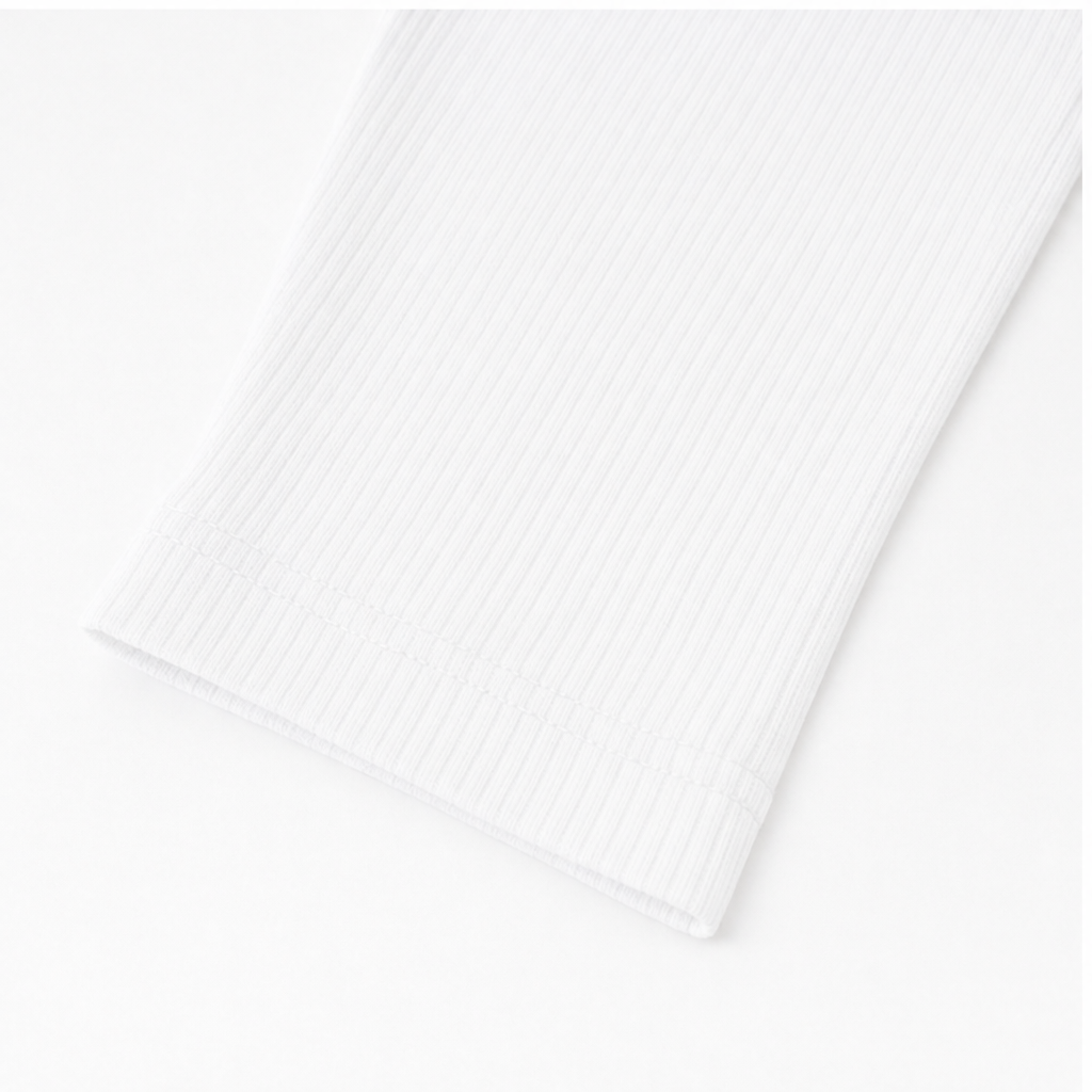 White long-sleeve cuff with ribbed knit detail and stitched hem