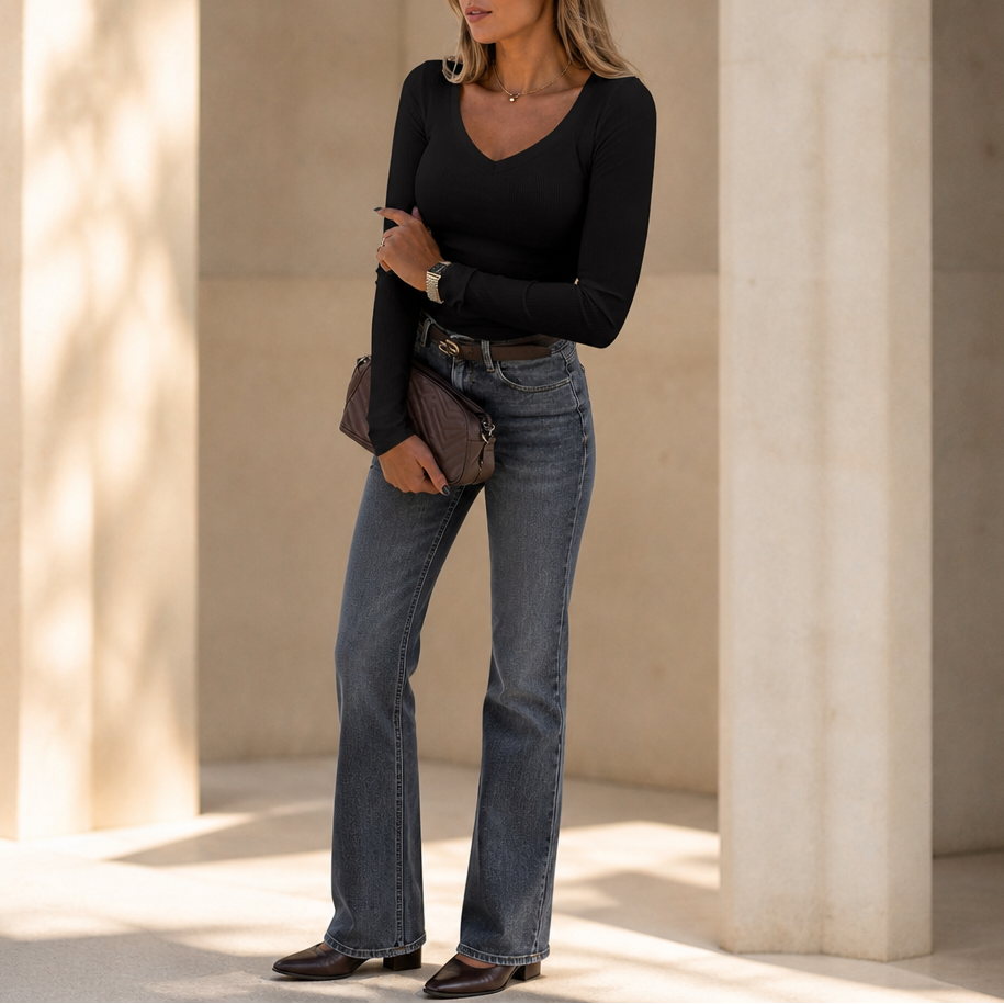 Women's black stretch V-neck long-sleeve top with ribbed knit, fitted silhouette