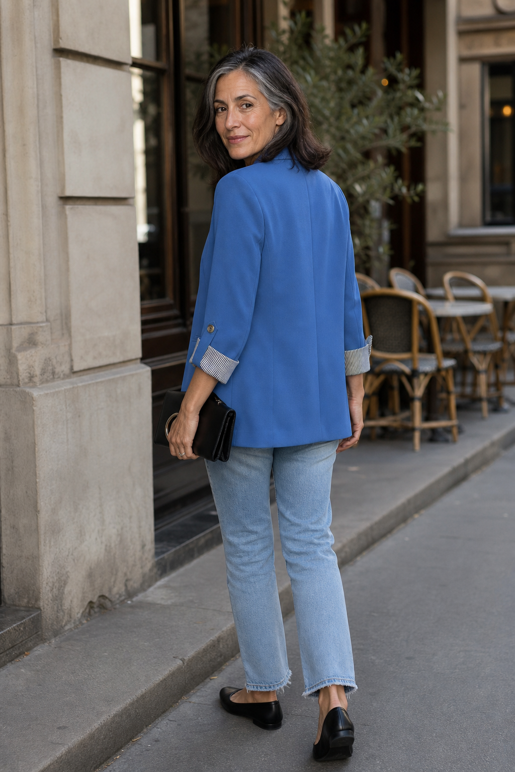 Striped-Cuff Roll-Sleeve Tailored Blazer