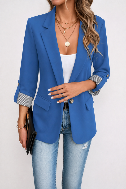 Blue tailored blazer with striped-cuff roll sleeves and two front pockets