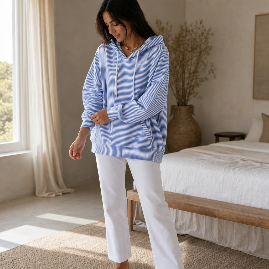 Blue-and-white striped hooded hoodie with kangaroo pocket and drawstring