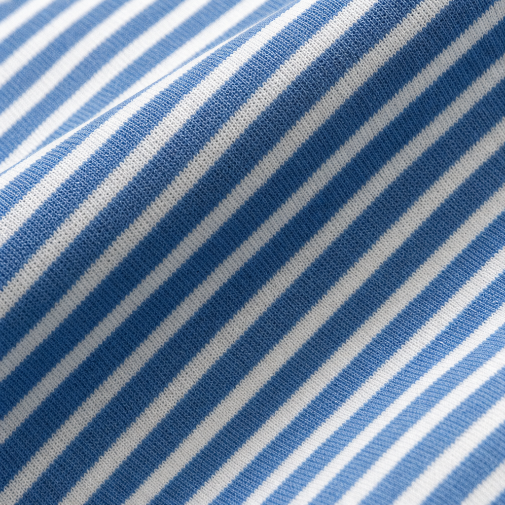 Close-up of blue and white striped knit fabric for a hoodie