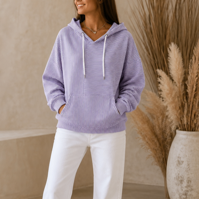 Lavender striped hooded kangaroo pocket hoodie with drawstring and pouch pocket