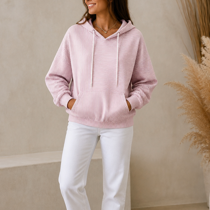 Pink striped hooded kangaroo pocket hoodie with drawstring hood and cuffs