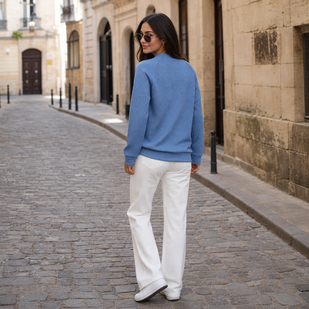Dusty blue striped jacquard V-neck sweatshirt with long sleeves and ribbed hem