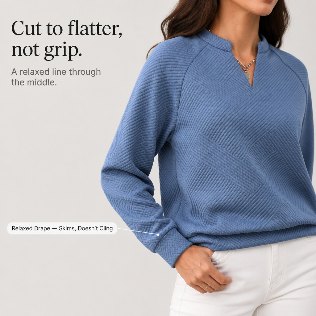 Dusty blue V-neck jacquard sweatshirt with relaxed drape and diagonal stripe texture
