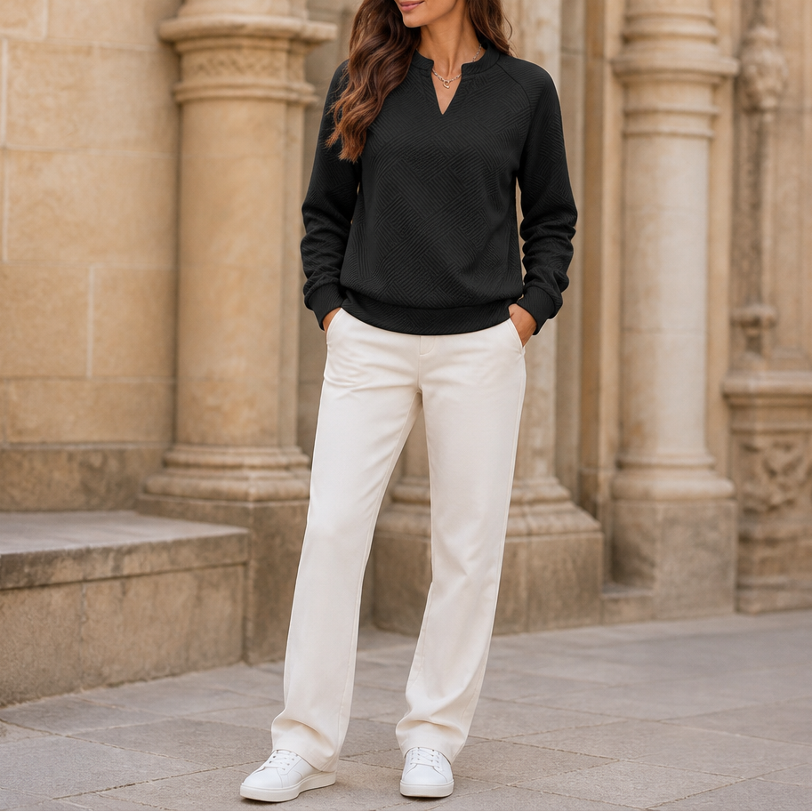 Black striped jacquard V-neck sweatshirt with long sleeves and ribbed cuffs