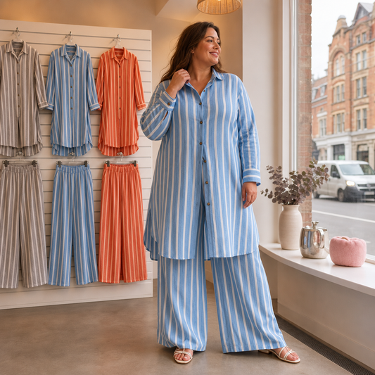 Blue vertical striped longline shirt and wide-leg pants set