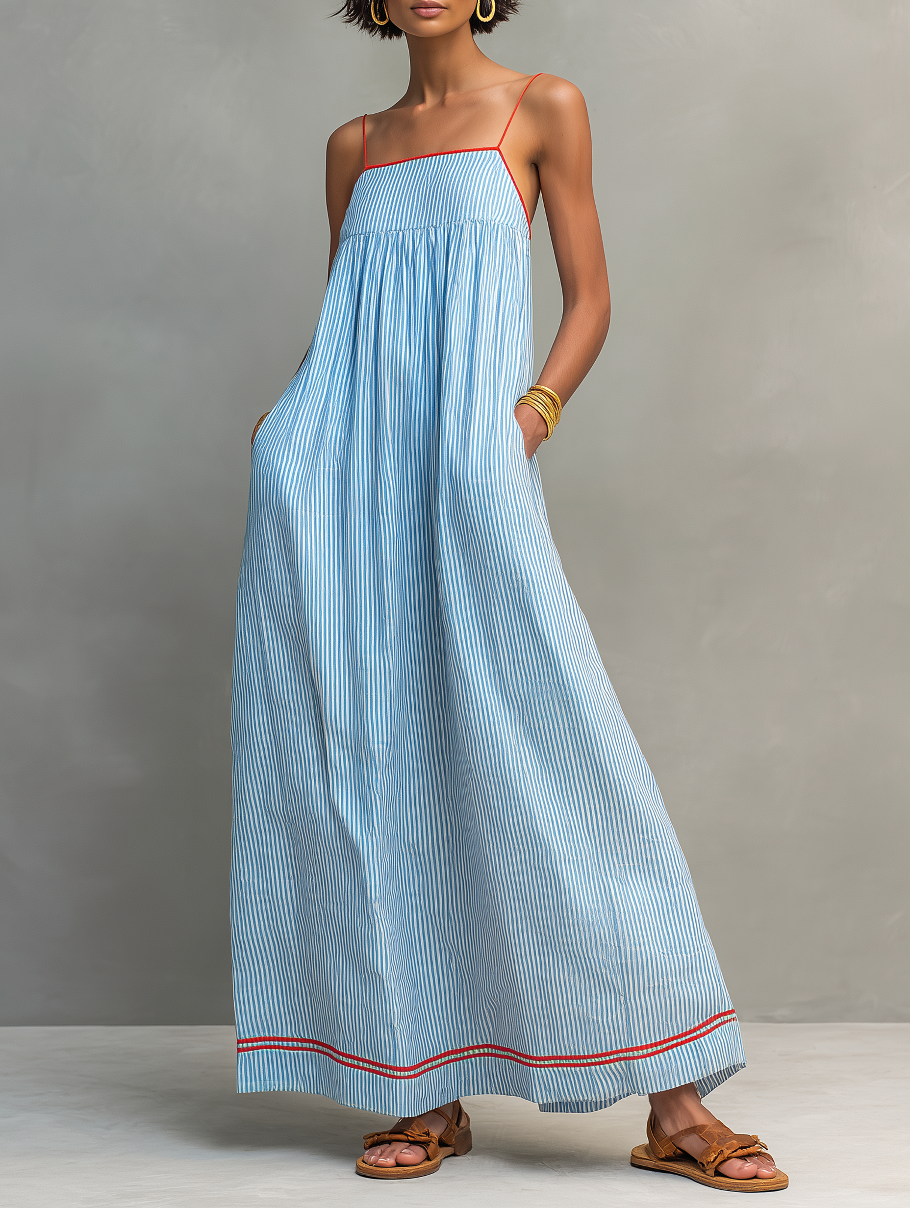 Light blue striped maxi dress with red-trim straps and hem.
