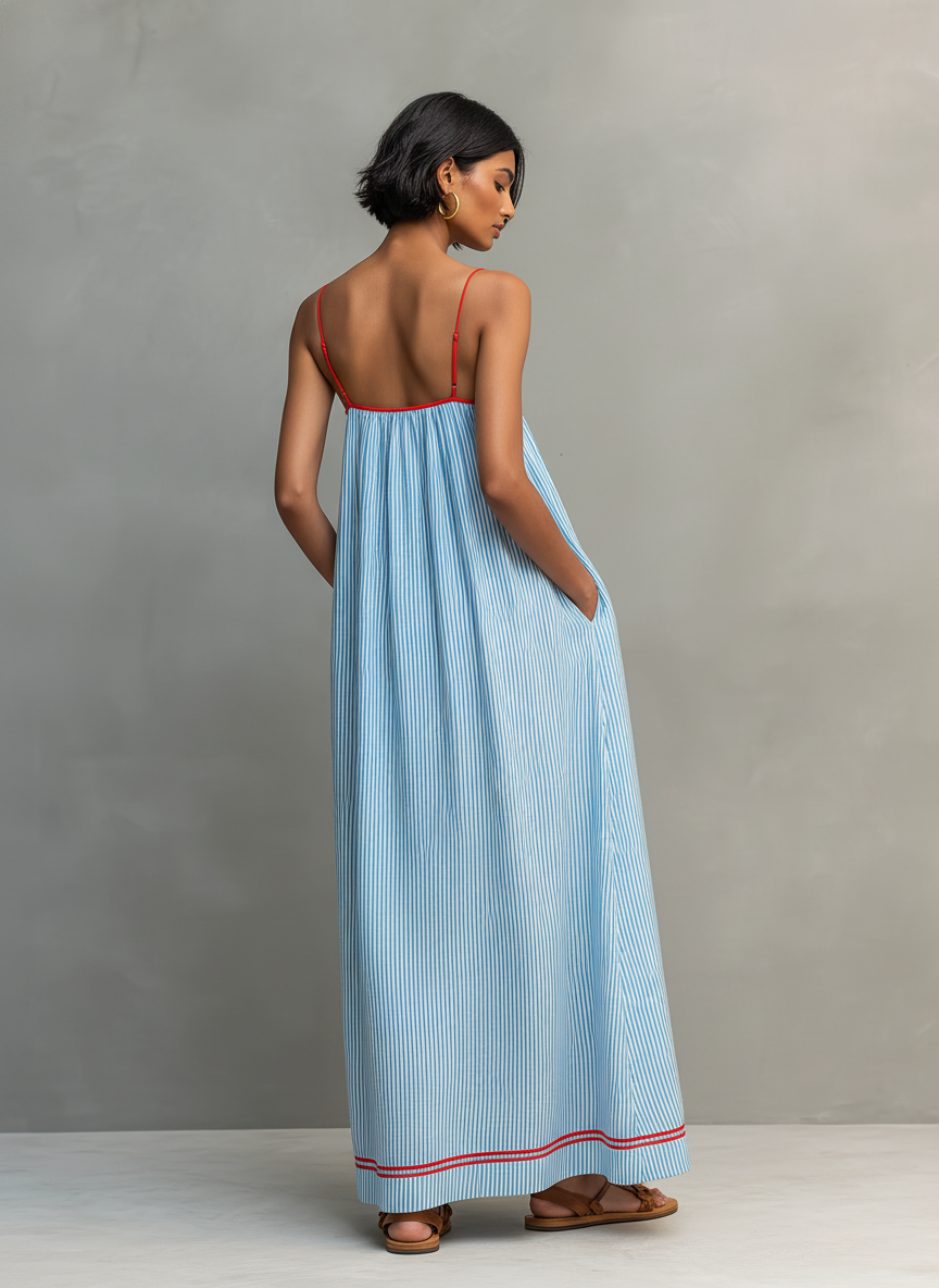 Light blue striped maxi dress with racerback straps and red-trim hem.