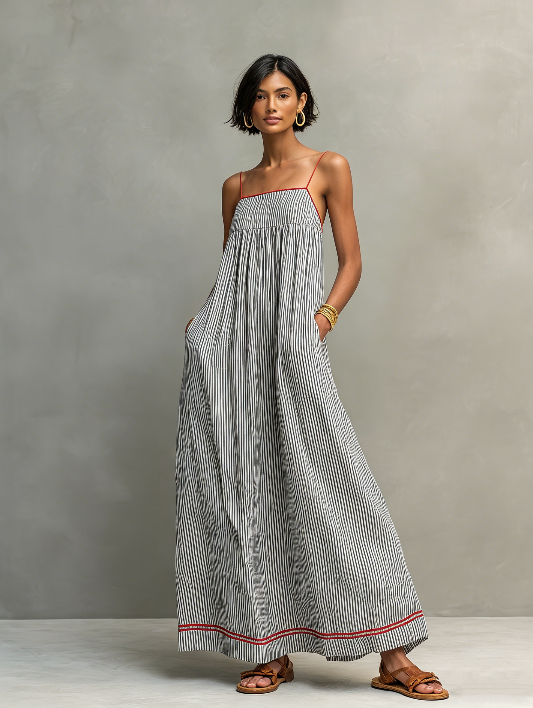 Gray striped maxi dress with red-trim straps and hem, gathered bodice.