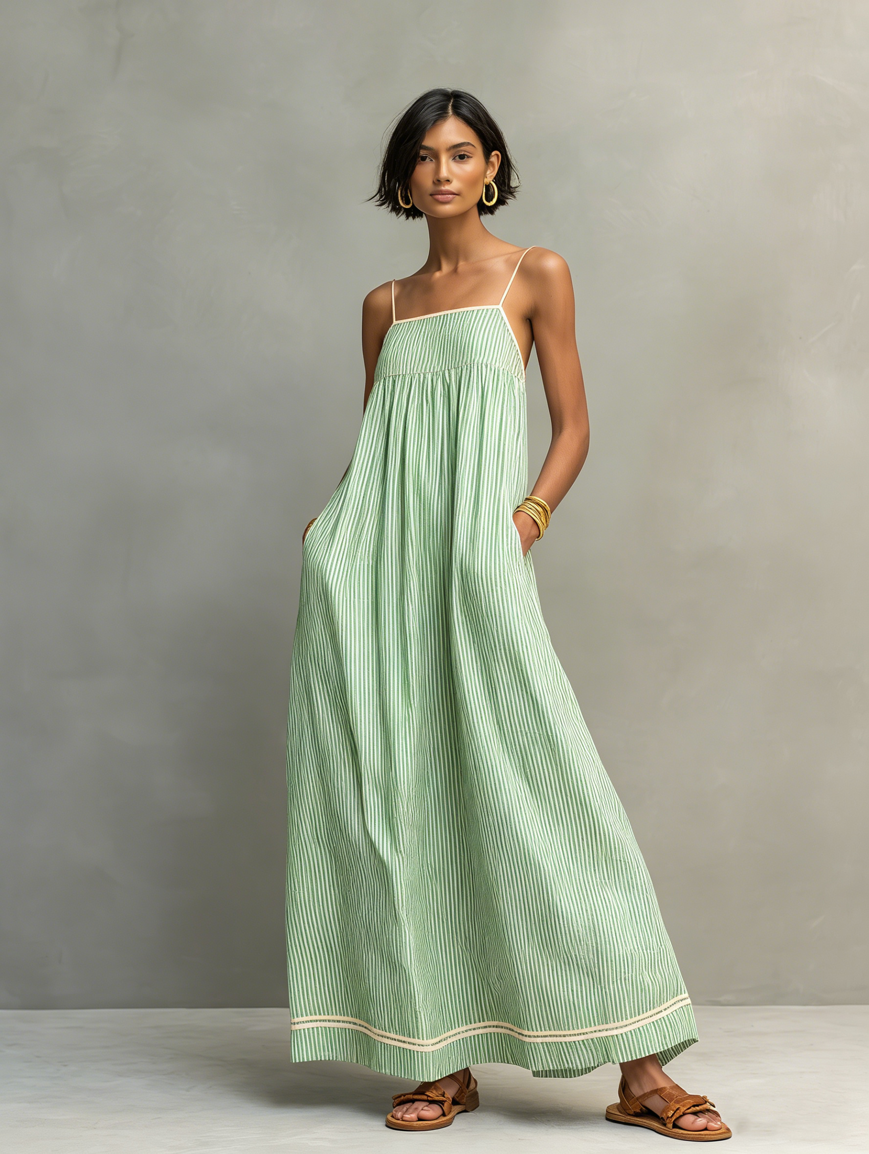 Green striped maxi dress with light-trim straps and hem, gathered bodice.