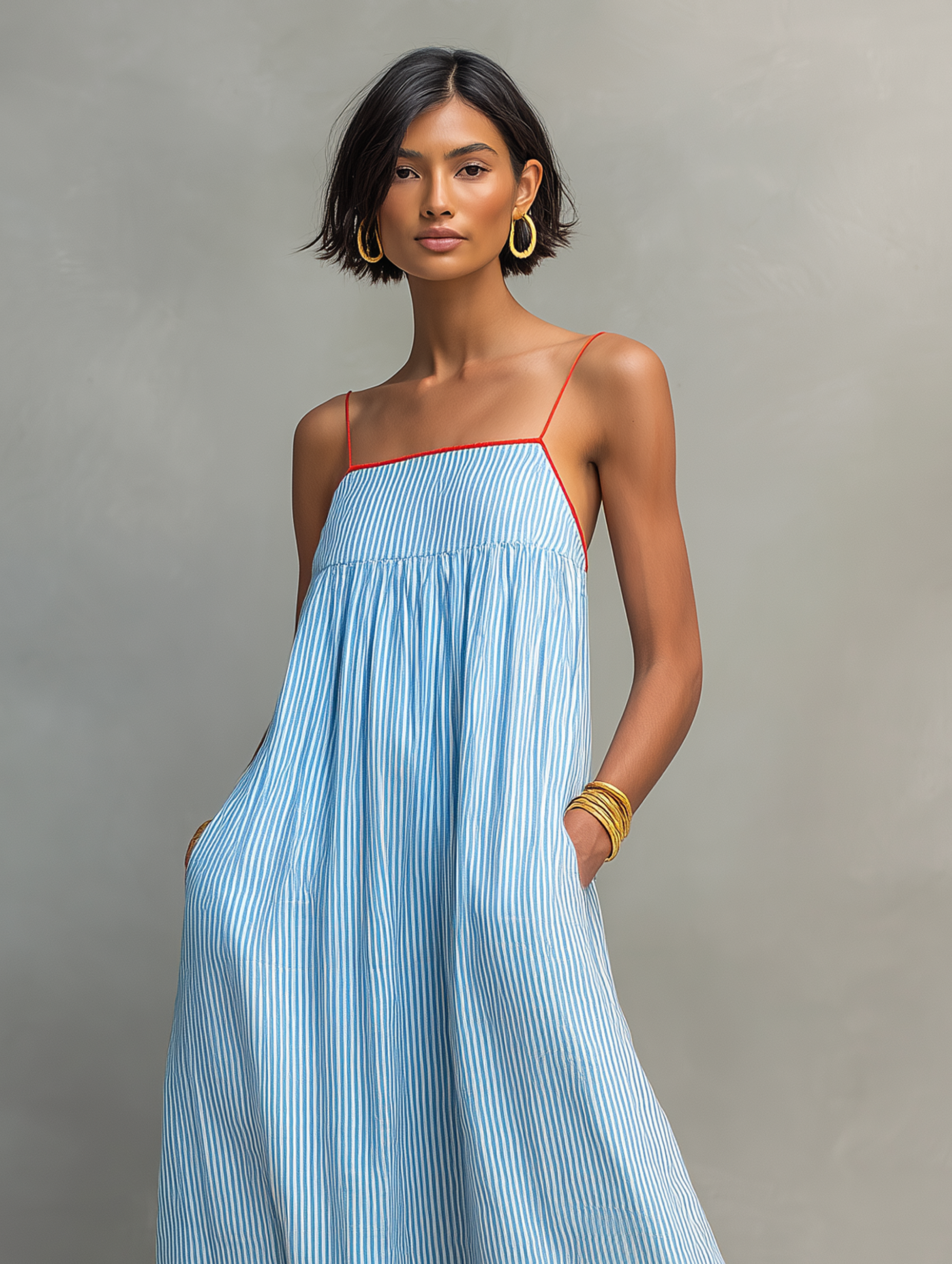 Light blue striped maxi dress with red-trim square neckline and gathered skirt.