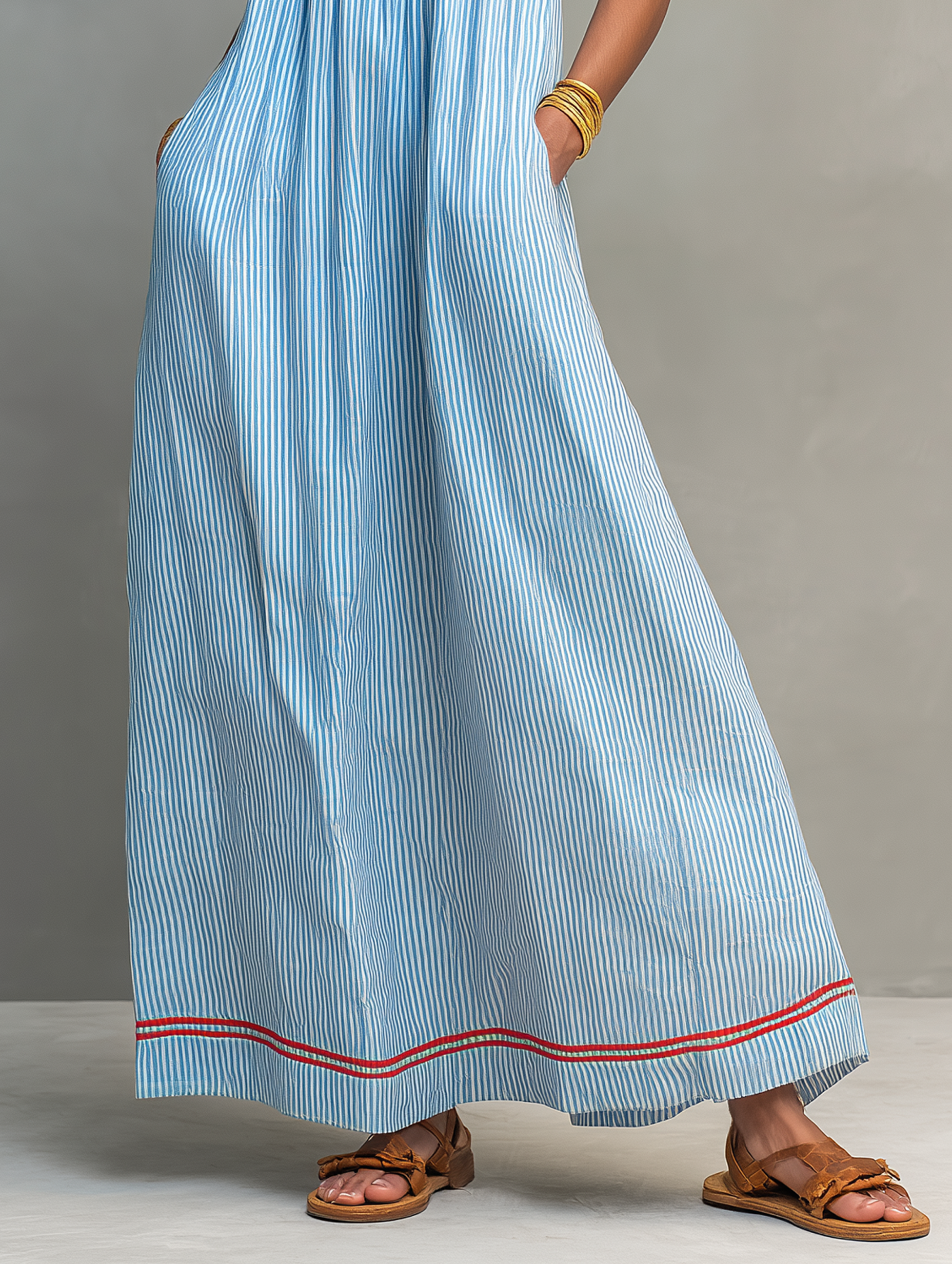 Light blue striped maxi dress with red-trim hem band and full gathered skirt.