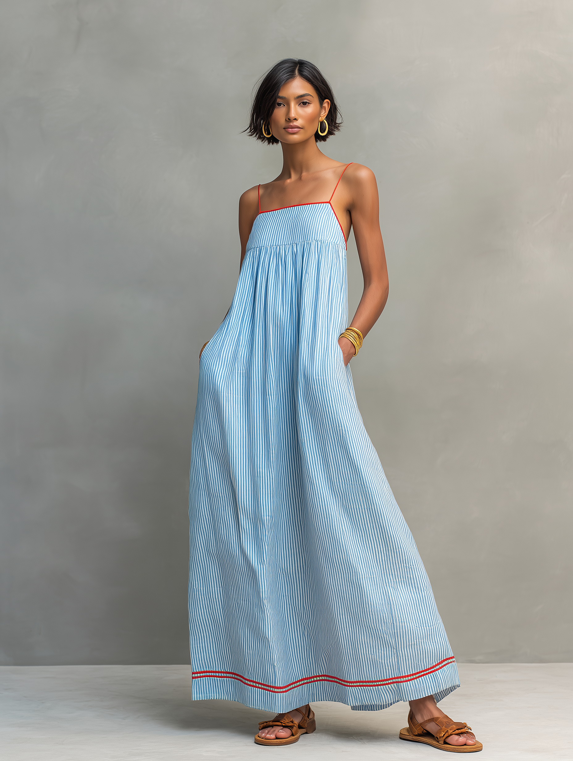 Light blue striped maxi dress with red-trim straps and hem band, loose maxi fit.