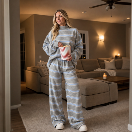 Women’s striped mock-neck top and wide-leg pants set, blue-and-white horizontal stripes