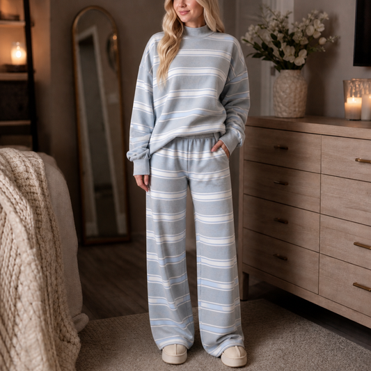 Blue and white striped mock-neck top and wide-leg pants set with elastic waist