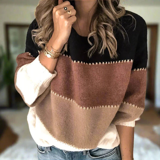 Color-block striped pullover sweater in black, cream, and brown