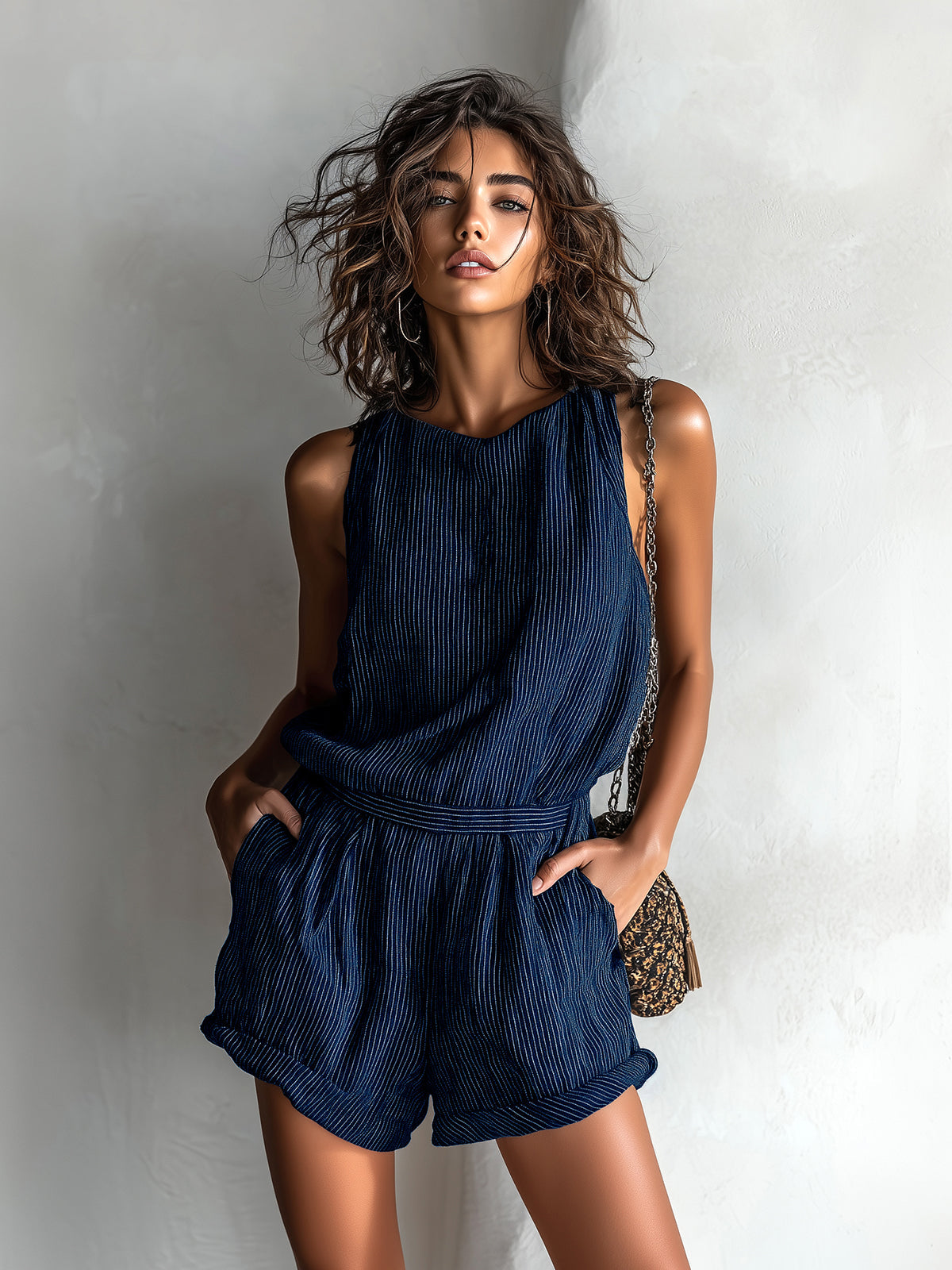 Navy blue striped sleeveless romper with cinched waist and short pant legs