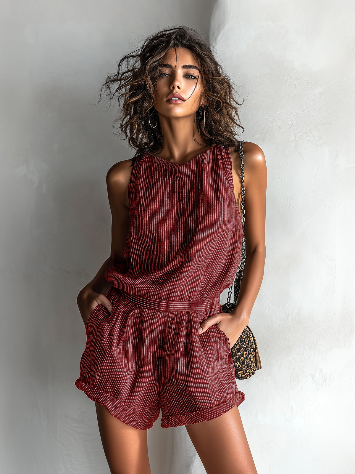Red striped sleeveless romper with cinched waist and pleated short legs