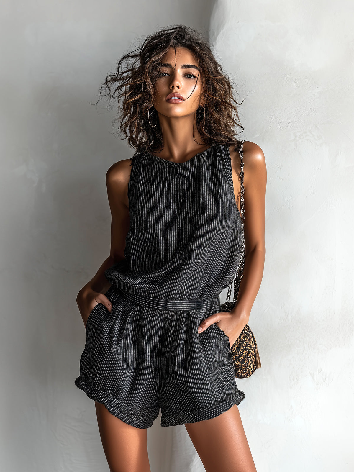 Black striped sleeveless romper with tailored waist and layered short silhouette