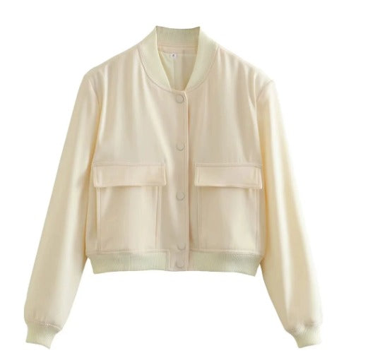 Cropped bomber jacket in cream with snap-button front, ribbed hem, and two flap chest pockets