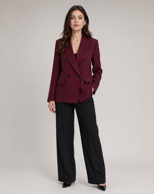 Burgundy tailored blazer with notch lapels, two flap pockets, long sleeves