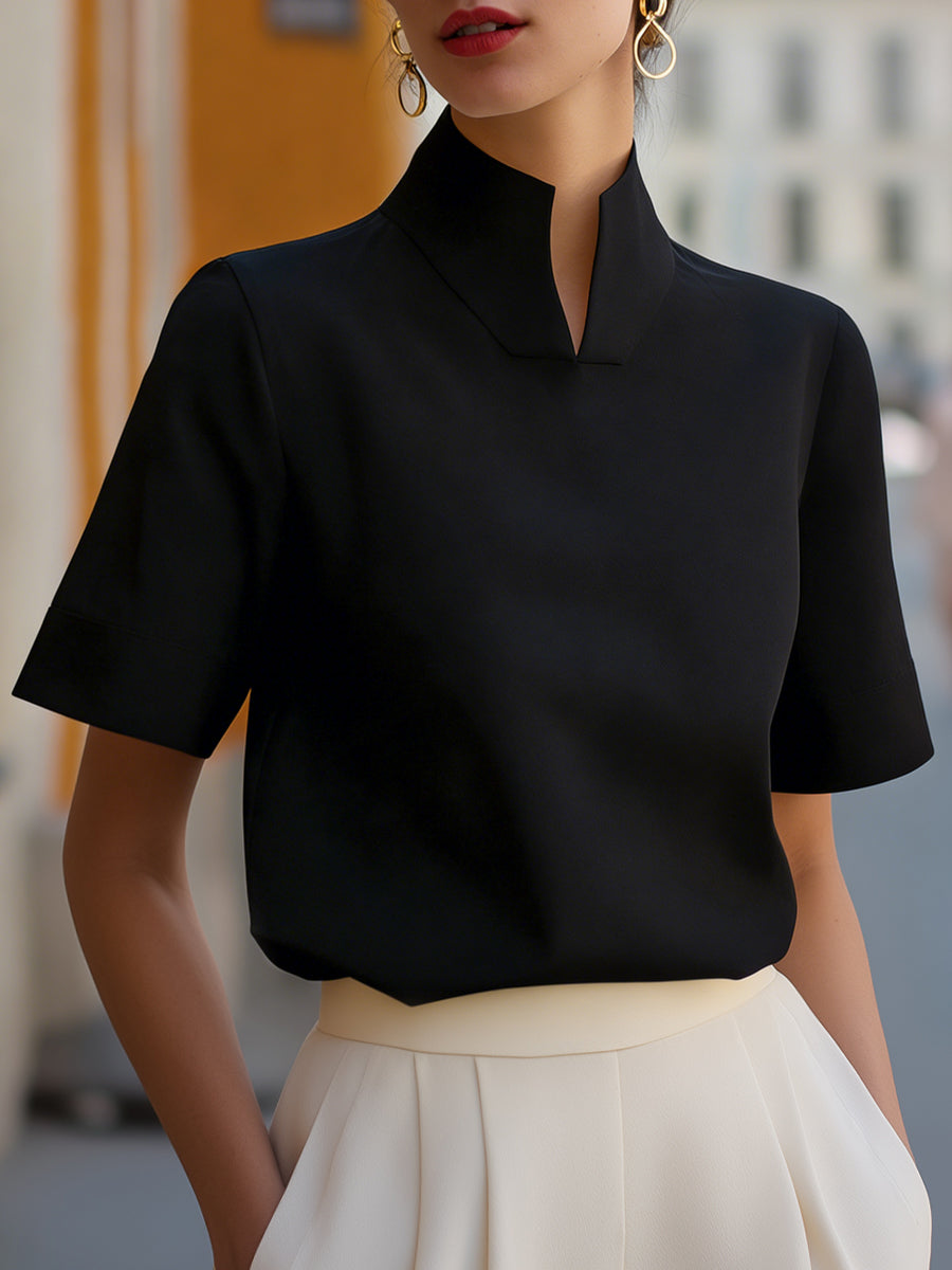 Structured stand collar blouse, short-sleeve with stand collar, black