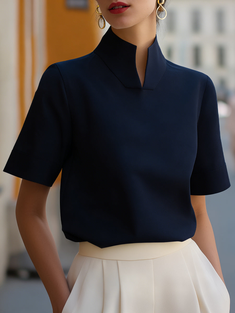Structured stand collar blouse, short-sleeve with stand collar, navy blue