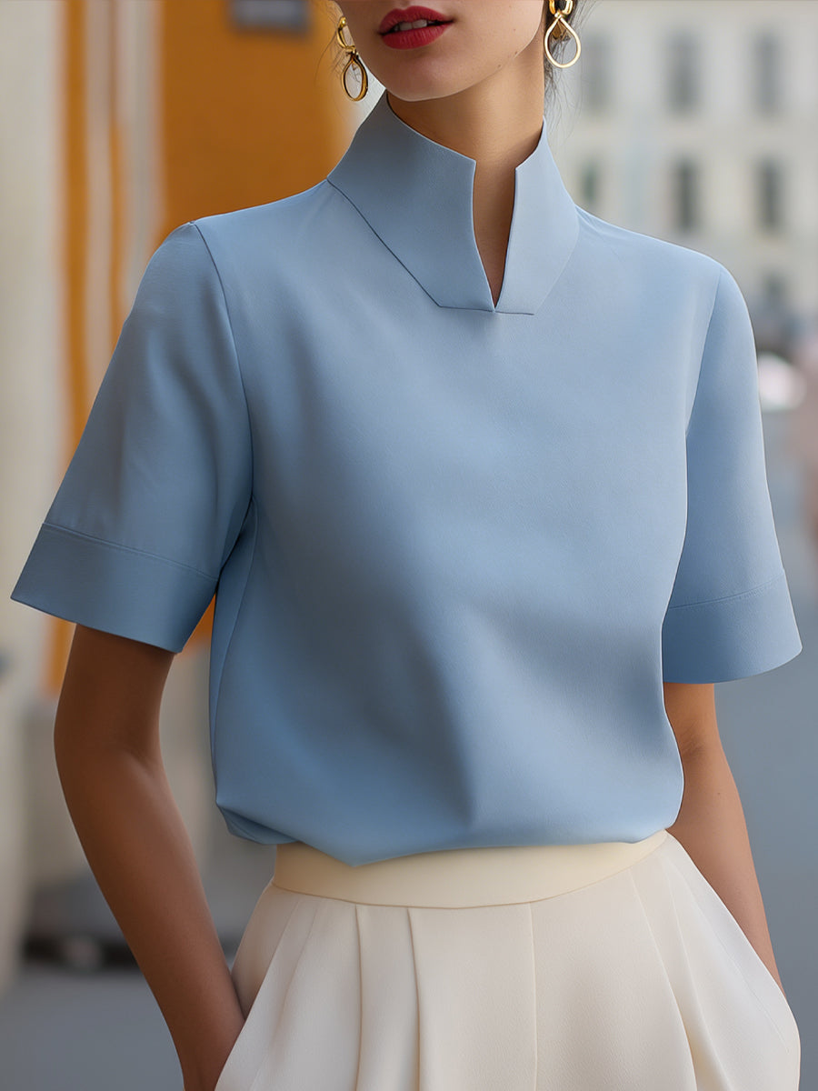 Structured stand collar blouse, short-sleeve with stand collar, light blue