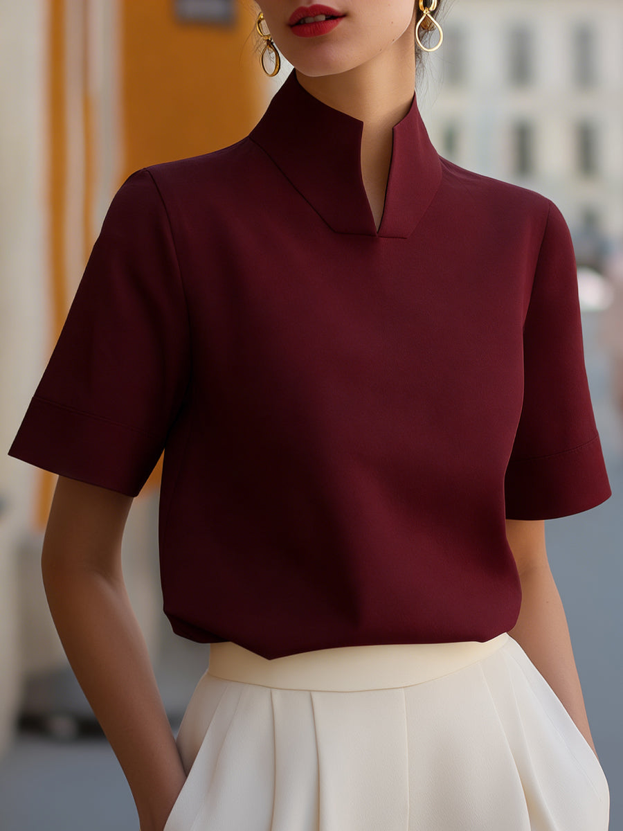 Structured stand collar blouse, short-sleeve with stand collar, burgundy