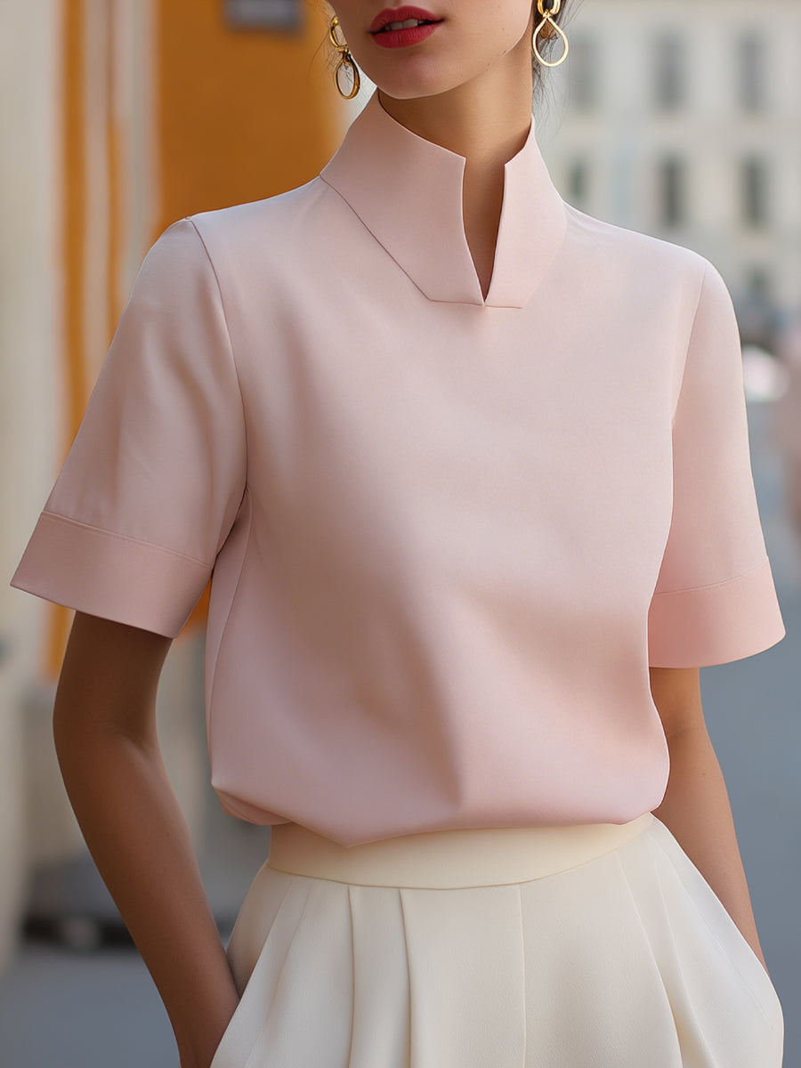Structured stand collar blouse, short-sleeve with stand collar, pale pink