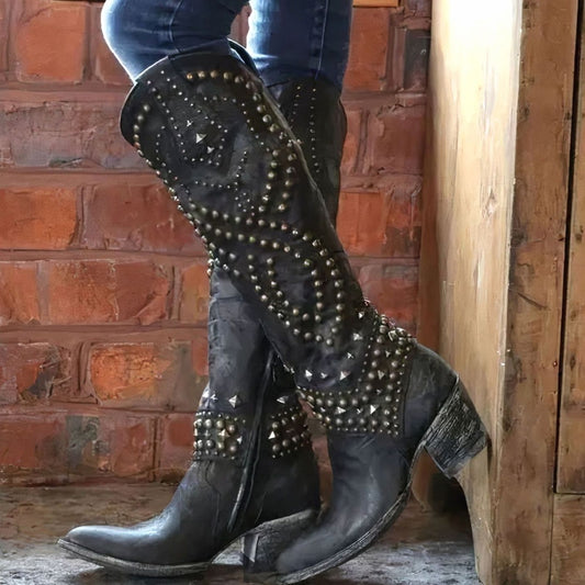 Black studded western cowboy boots, curved stitch panel with silver bead studs
