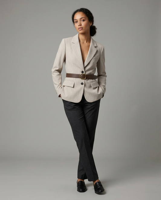 Cream pinstripe blazer with brown waist belt, notch lapels, flap pockets